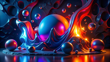 3d render, abstract background with blue, red and purple balls.