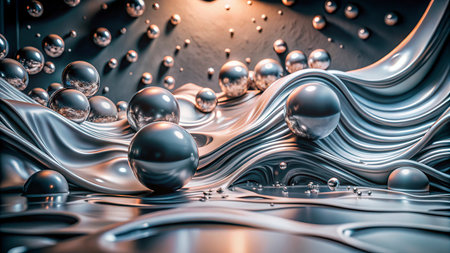 3D rendering of abstract fluid background. Beautiful wave with metallic balls.の写真素材