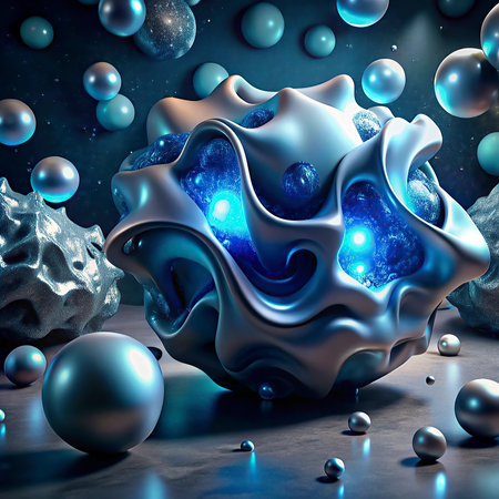 Abstract background with blue spheres and sphere. 3d render illustration.の写真素材