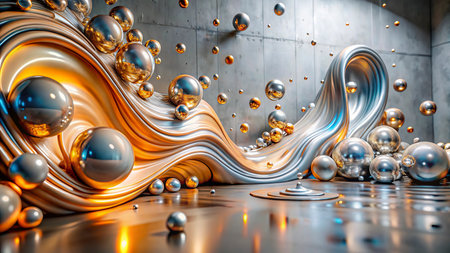 Abstract 3d rendering of golden and silver balls in modern interior.