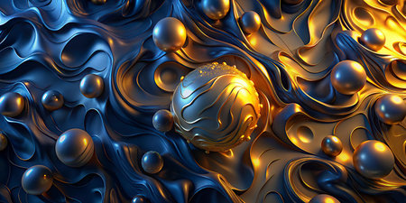 3d illustration of abstract background with golden and black waves and spheresの写真素材