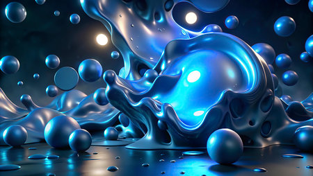 3D rendering of abstract background with blue liquid and bubbles. 3D illustrationの写真素材