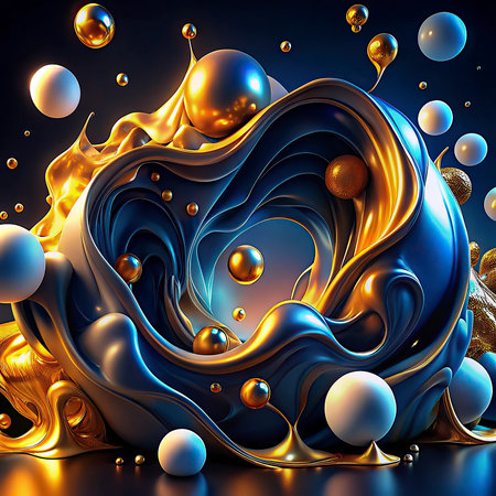 3D rendering of abstract fluid art background with golden and blue colors