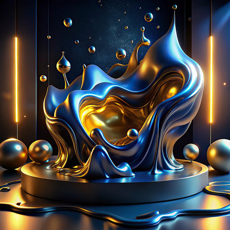 3D render, abstract black background with blue and gold elements.