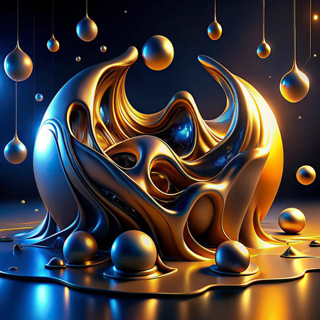 3d render, abstract liquid background, golden waves and spheres, 3d illustration