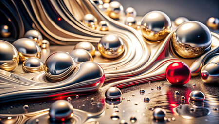 Beautiful abstract background with water drops and shiny spheres. 3d renderingの写真素材
