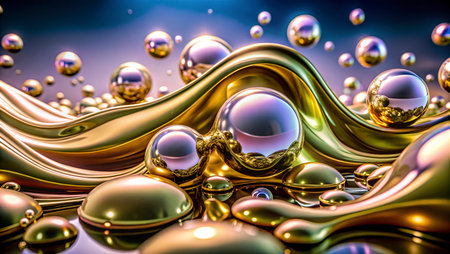 3d rendering of abstract wavy background with golden and blue ballsの写真素材