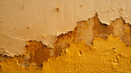 Old yellow wall with peeling paint. Abstract background for design.の写真素材