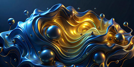 3d rendering of abstract fluid background with liquid shapes in blue and gold colors