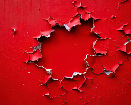 Red cracked paint on a metal surface with a hole in the centerの写真素材