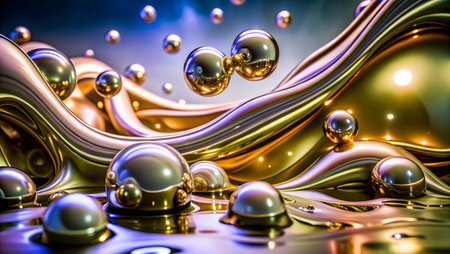 3D rendering of abstract background with liquid gold and silver waves.