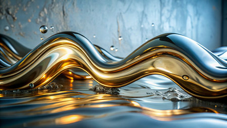 3d render, abstract background with golden waves, flowing liquid, water splashesの写真素材