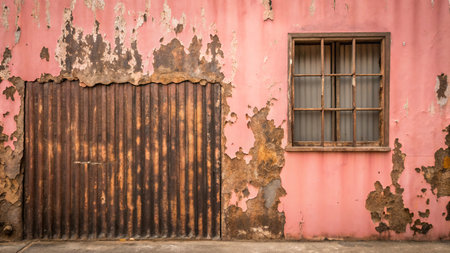 Old rusty iron door with wooden window and rustic wall background.