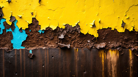 grunge wall with yellow and blue paint on it, abstract backgroundの写真素材