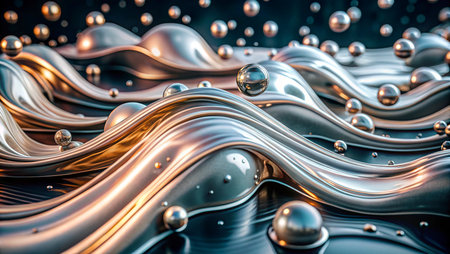 3d render, abstract liquid background with golden waves and pearlsの写真素材