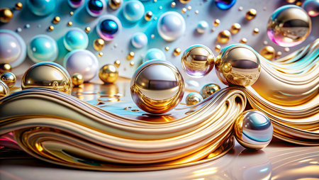3d illustration of abstract background with golden, silver and blue ballsの写真素材