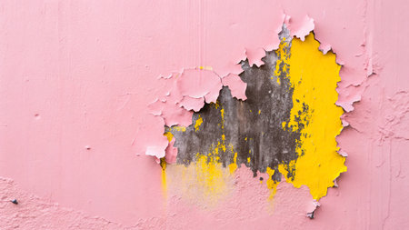 Peeling pink and yellow paint on the wall. Grunge background