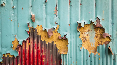 Rusty corrugated metal texture with peeling green paint.の写真素材