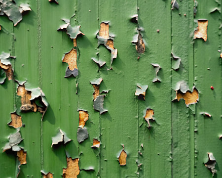 Green painted wooden wall with peeling paint. Abstract background for design.の写真素材