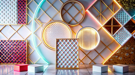 3d render, abstract background with geometric shapes, podiums and lamps, neon lights.