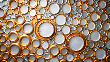 3d render of abstract geometric background with golden and silver rings.の写真素材