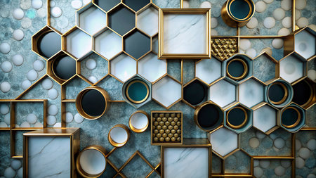 3d illustration of abstract geometric composition with golden hexagons and black framesle background