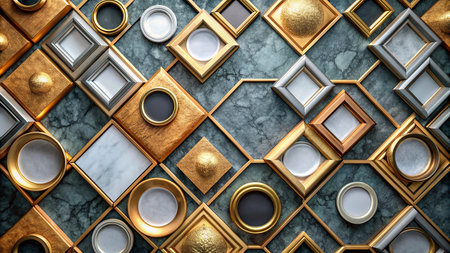 3d rendering of a set of gold and silver geometric shapes on a marble backgroundの写真素材