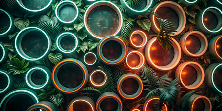Neon circles on the wall with palm leaves. 3d renderingの写真素材