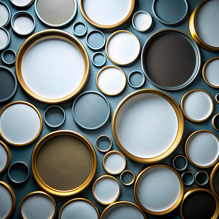 3d render of abstract metallic background with round gold and silver ringsの写真素材