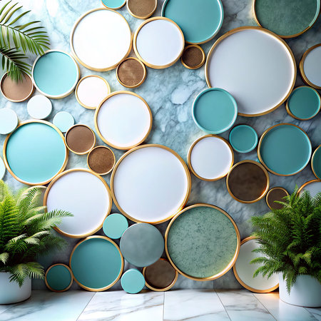 3d rendering of round blue and gold plates in modern interior.の写真素材