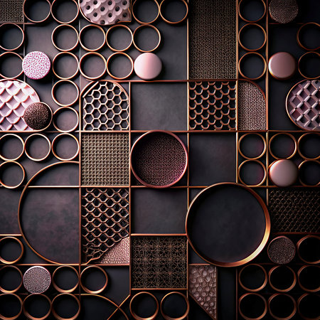 3d render, abstract background with geometric shapes, gold rings and pearlsの写真素材
