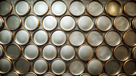 abstract background with golden and silver circles on a white background.