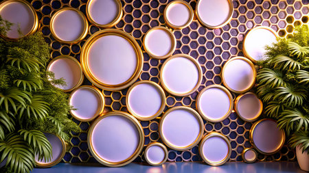 Round gold frames on black wall with green plants. 3d renderingの写真素材