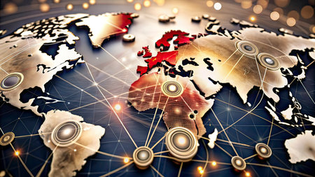 Map of the world on a dark background with glowing lines. 3d rendering