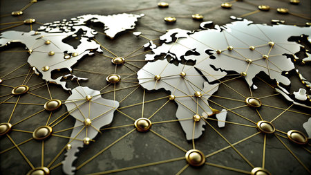 Global network concept with world map and gold pins. 3D rendering