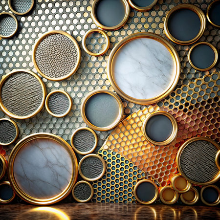 3d render, abstract background with gold and black circles and speaker