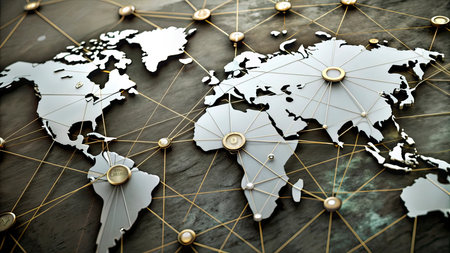 World map with golden connections on grey background. 3D rendering.
