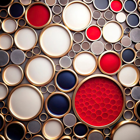 abstract metal background with red and black circles. 3d illustration
