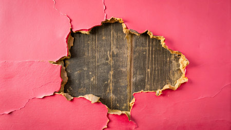 Hole in red paper on wooden background with space for your messageの写真素材
