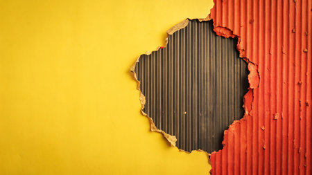 Hole ripped in yellow paper on red corrugated cardboard backgroundの写真素材