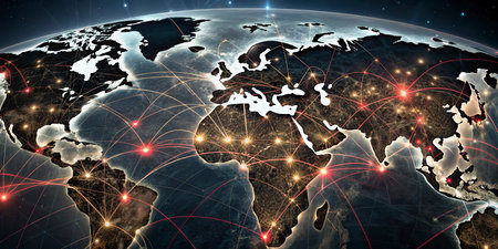 Global network spread around the world on all continents. 3D rendering