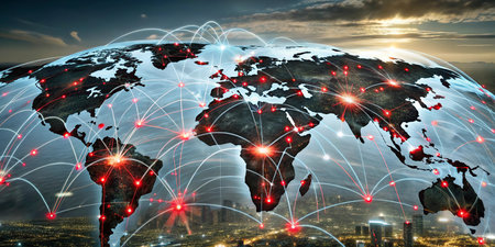 Global network connection covering the globe. Concept of international communication and technology.の写真素材