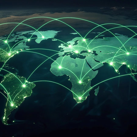 Network of internet spread around the world on dark background. 3D illustration.