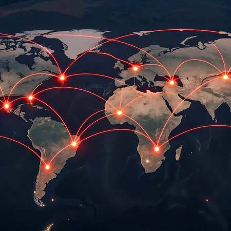 World map with glowing lines representing global communication. 3D illustration.