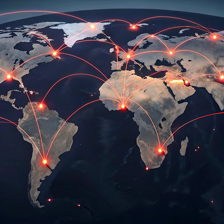 World map with glowing lines representing international connections. 3D illustration.