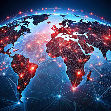 World map on a technological background, glowing lines symbols of the Internet, radio, television,...
