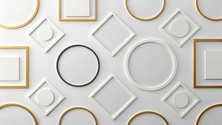 3d render of white and gold geometric shapes on white wall background