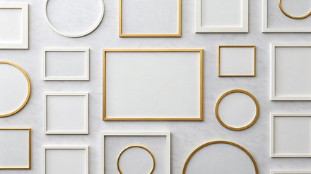 Blank photo frames on white wall, 3d rendering. Computer digital drawing.