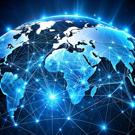 Best Internet Concept of global business. Globe, glowing lines on technological background. Wi-Fi,...