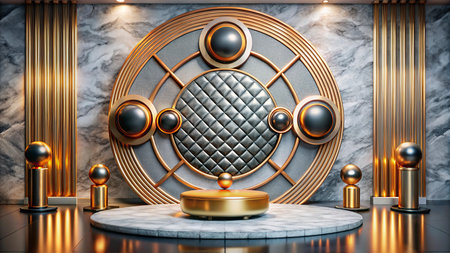 3d render, abstract background, black and gold geometric shape, podium for product presentationの写真素材